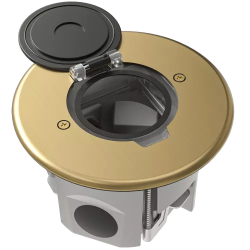 Лючок для электроустановочных изделий стандарта 45х45, установка 1 модуля 45х45мм, IP44, круглый, с круглой крышкой, с универсальным установочным набором, цвет золото