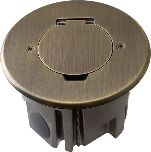 Лючок для электроустановочных изделий стандарта 45х45, установка 1 модуля 45х45мм, IP44, круглый, с круглой крышкой, с универсальным установочным набором, цвет античная латунь