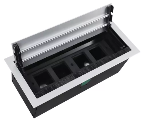 Розеточный блок встраиваемый с откидной крышкой для установки в столешницу, на 4 розетки 45х45мм, без розеток, цвет алюминий